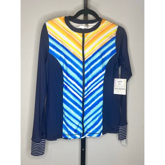 NWT 24th & Ocean Long Sleeve Zip Up Rash Guard With Zipper Blue Women's Size M - Picture 2 of 5